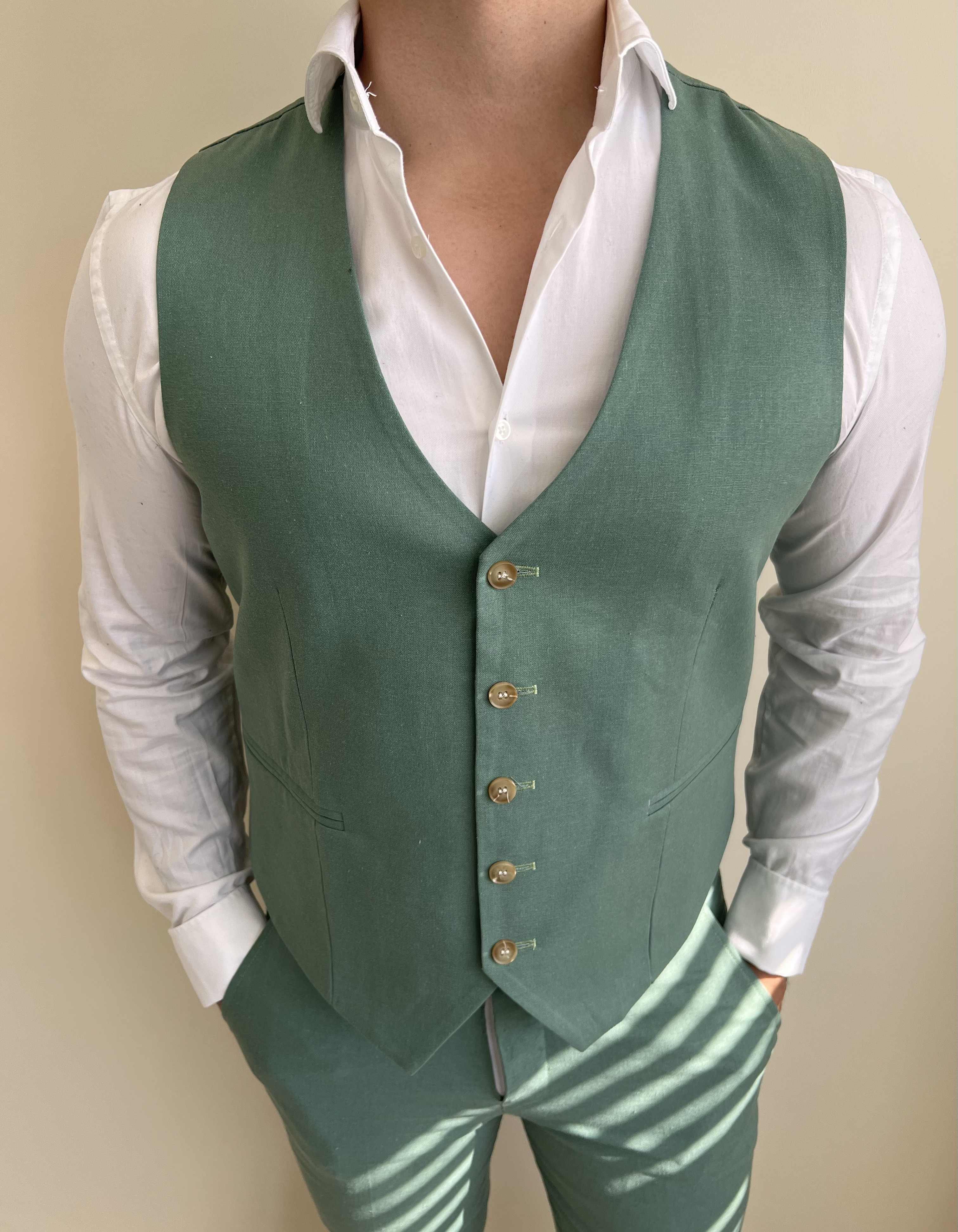 Sage Green Linen Waistcoat | Destination Weddings | Grooms Men