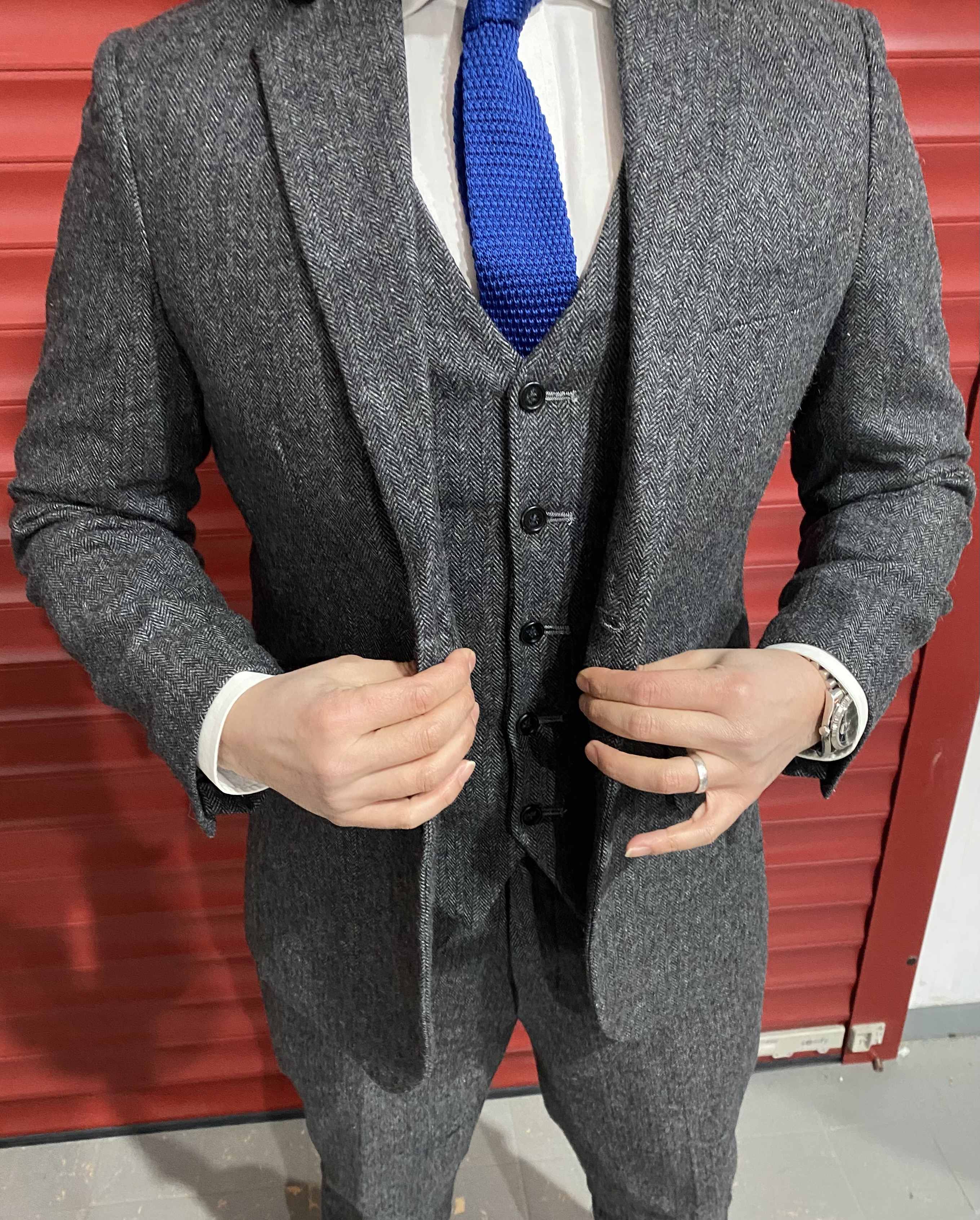 Dark Grey Tweed Three-piece Suit for Men Tailored Fit, the Rising