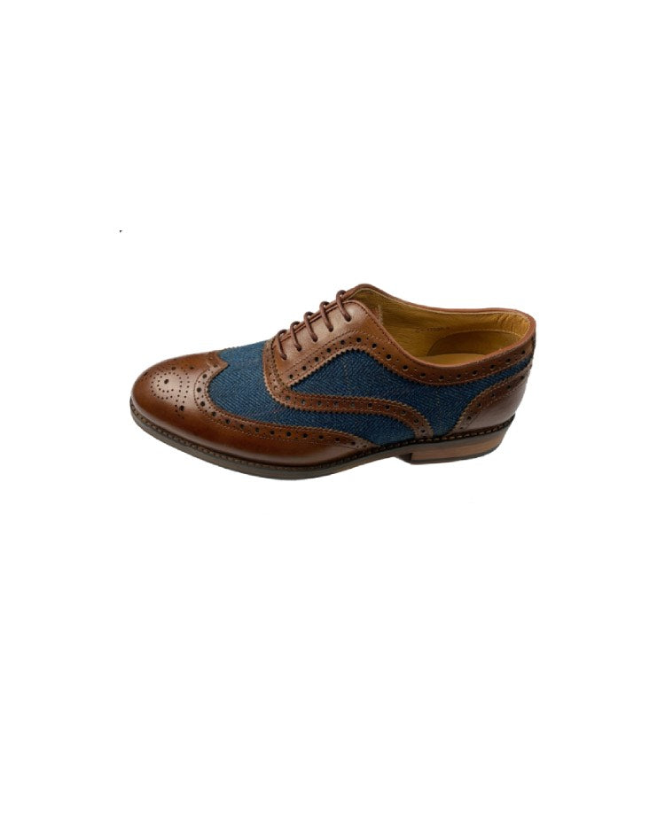 Brogue Shoes - blue leather & tweed