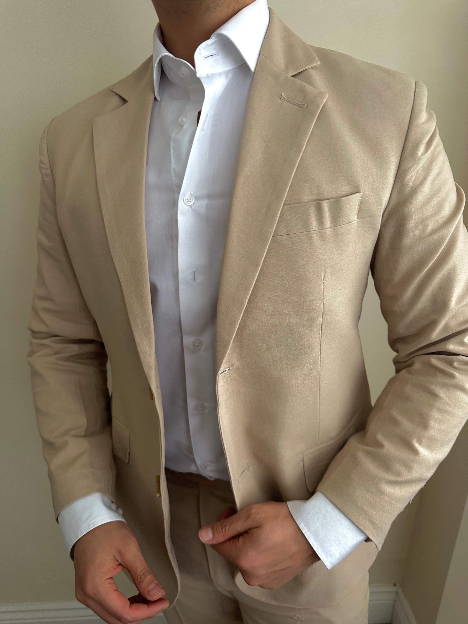 CALVINSUIT Men's 2 Buttons Beige Jacket & Pants Wedding